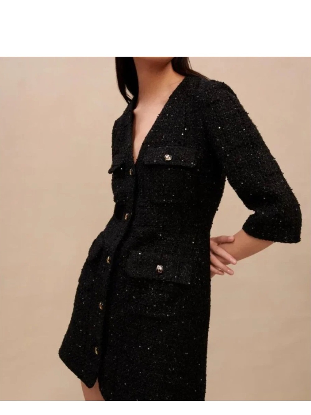 Maje Black Tweed Pocket Button-Front Blazer Dress